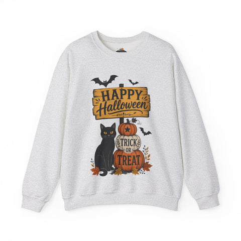 Halloween Crewneck Sweatshirt – "Happy Halloween" Black Cat & Trick or Treat Pumpkin Design