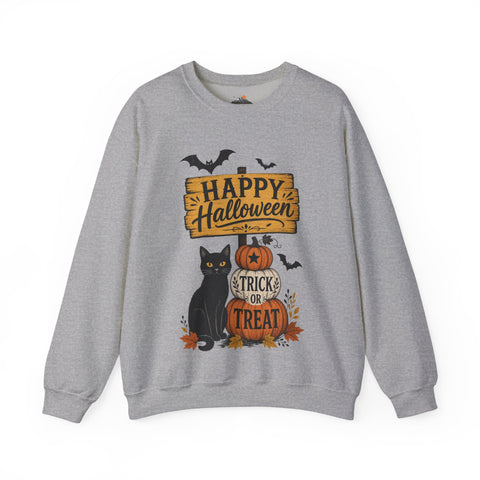 Halloween Crewneck Sweatshirt – "Happy Halloween" Black Cat & Trick or Treat Pumpkin Design