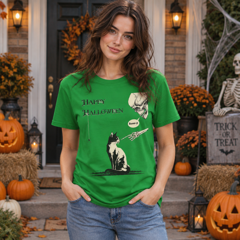 Halloween Cat T-Shirt — "Happy Halloween" Skull & Cat Vintage Design
