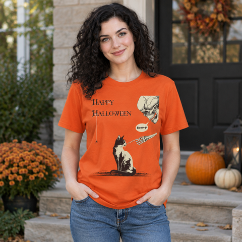 Halloween Cat T-Shirt — "Happy Halloween" Skull & Cat Vintage Design