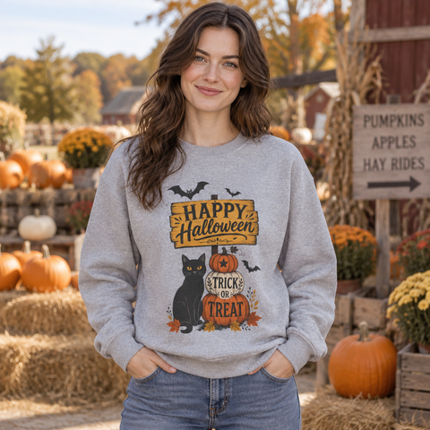Halloween Crewneck Sweatshirt – "Happy Halloween" Black Cat & Trick or Treat Pumpkin Design