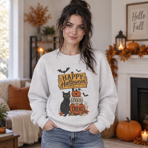 Halloween Crewneck Sweatshirt – "Happy Halloween" Black Cat & Trick or Treat Pumpkin Design