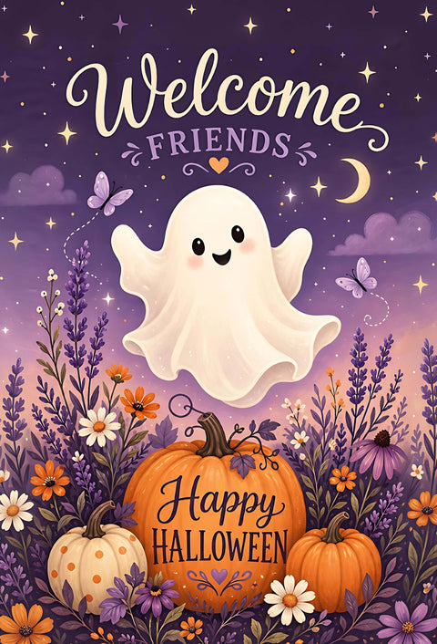 Halloween Garden Flag - "Welcome Friends" Cute Ghost Pumpkin with Happy Halloween
