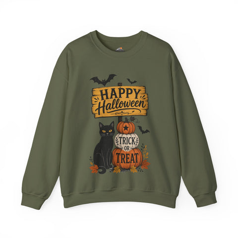 Halloween Crewneck Sweatshirt – "Happy Halloween" Black Cat & Trick or Treat Pumpkin Design