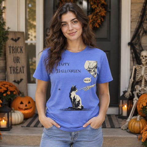 Halloween Cat T-Shirt — "Happy Halloween" Skull & Cat Vintage Design