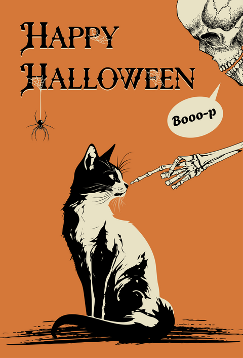 Halloween garden flag - Cat being booo-p on the nose by Skeleton.