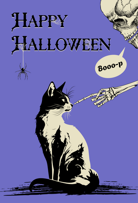Halloween garden flag - Cat being booo-p on the nose by Skeleton.