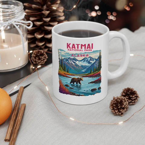 Katmai National Park with bear and mountains 11oz mug