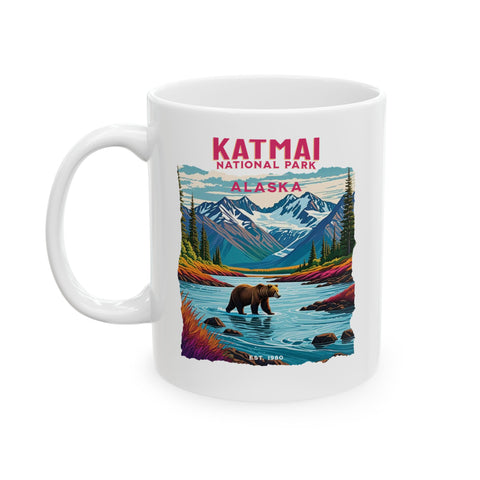 Katmai National Park with bear and mountains 11oz mug